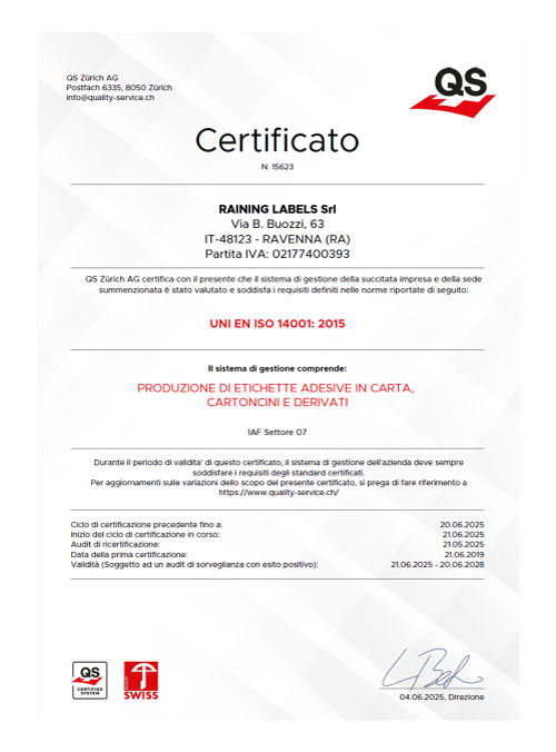 Certificazione ISO14001 - Raining LAbels