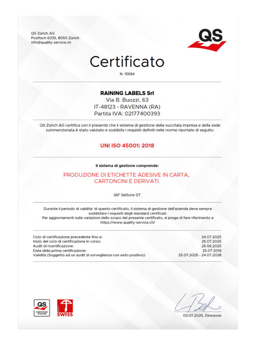 Certificazione ISO45001 - Raining LAbels