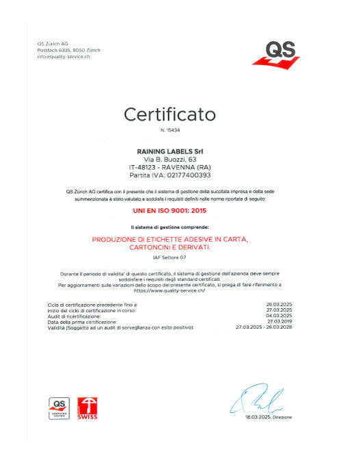 Certificazione ISO:9001 Raining Labels