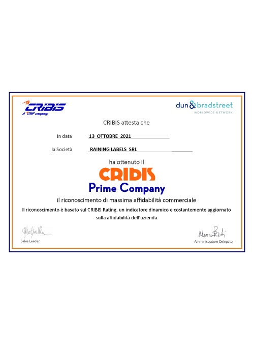 Certificazione CRIBIS sulla qualità economico finanziaria di Raining Labels