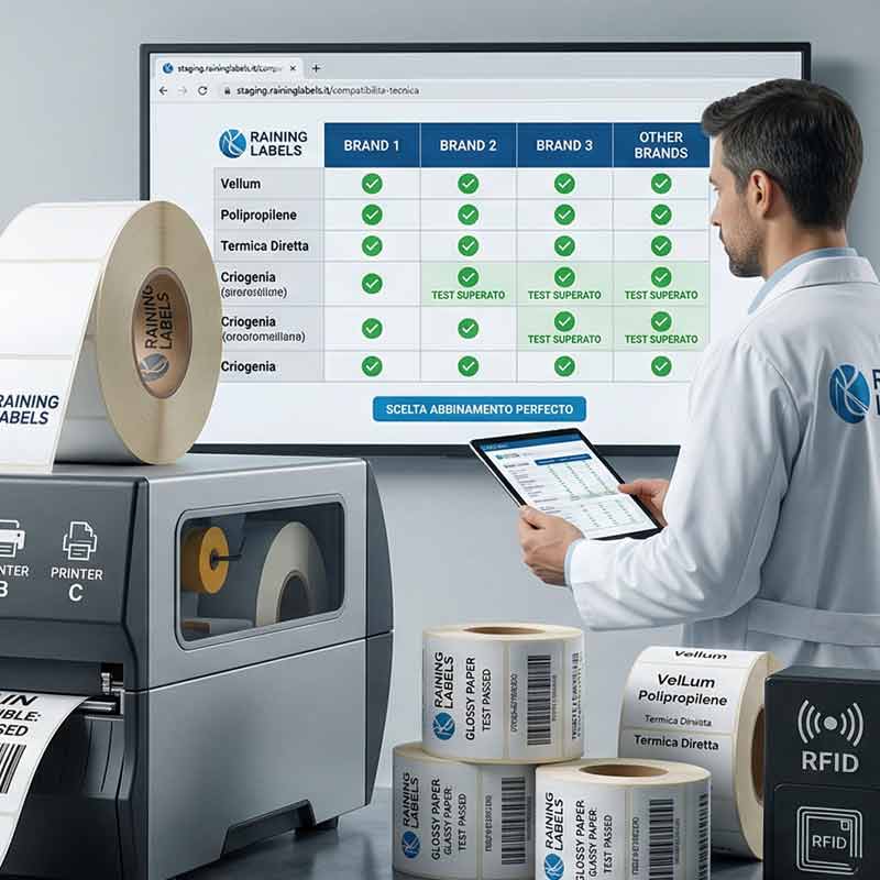 compatibilita delle stampanti in commercio con le etichette prodotte da Raining Labels